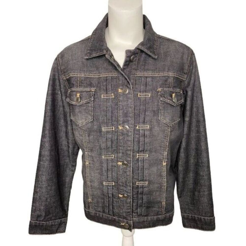 Chicos Platinum Dark Wash Denim Jean Jacket Pleated Sz 2 Large 12